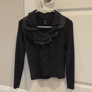 Alfani Women's Grey Wool Cardigan with Ruffle Leather Detail